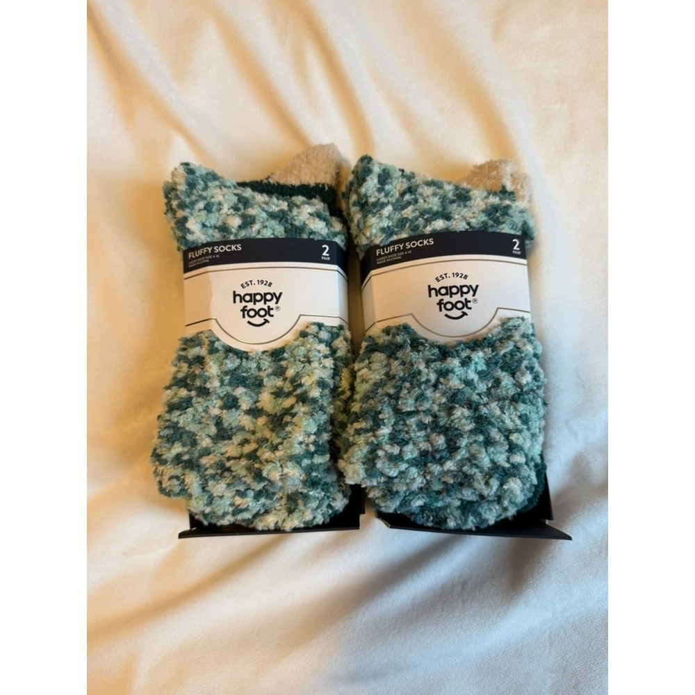 Happy Foot Fluffy Socks Cozy Fabric Green Blue Womens Size 4-10 4 Pairs